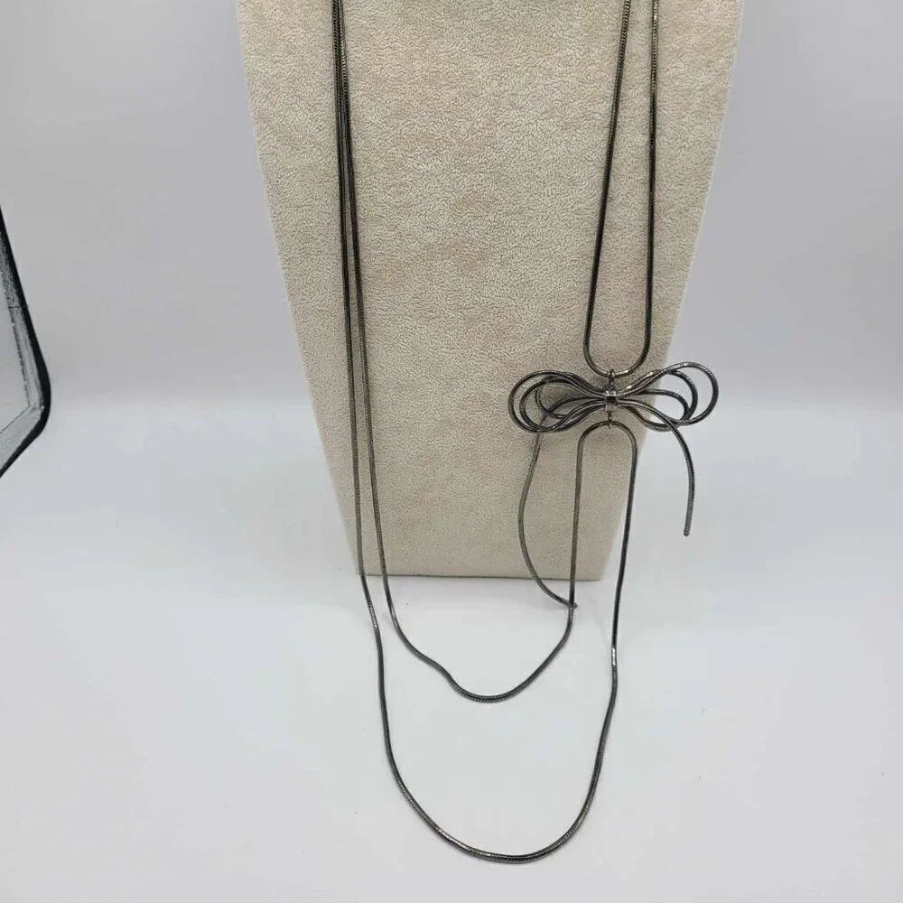 J Crew Gunmetal Snake Chain Long Bow Double Strand Necklace NWOT!